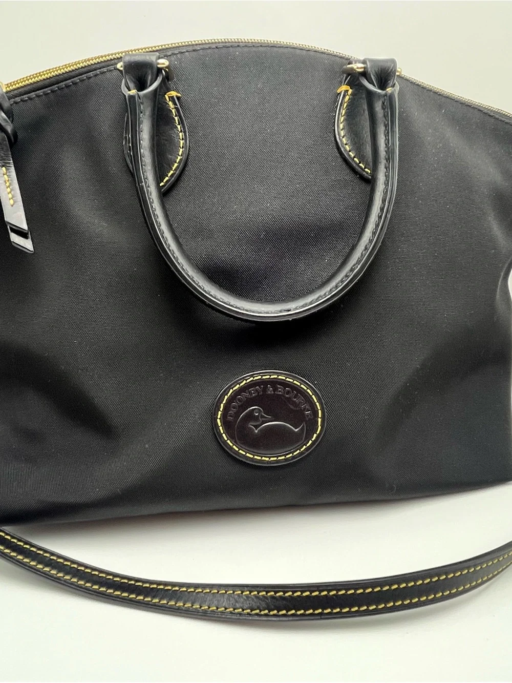 Dooney & Bourke Black Nylon Satchel with Yellow Contrast Stitching Red Lining